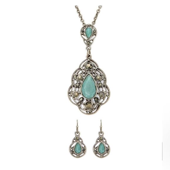 NEW Liz Claiborne Teal Silver Jeweled Necklace And Earrings Set - Picture 1 of 4